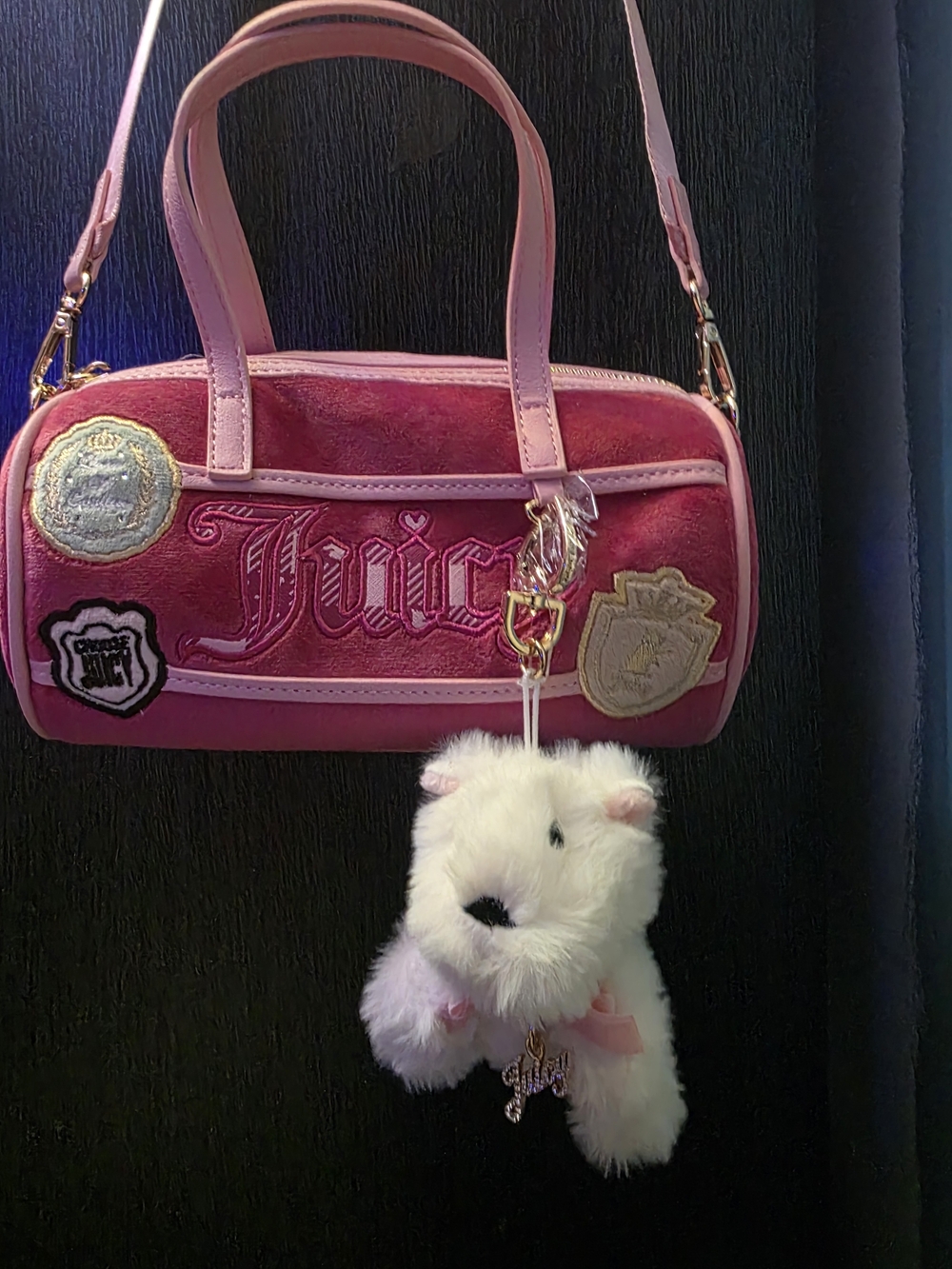 Juicy Couture Pink Velvet Barrel Bag with Plush Charm